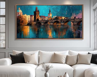 Charles Bridge Impasto Painting – Prague River Cityscape Canvas Print (Digital Download)