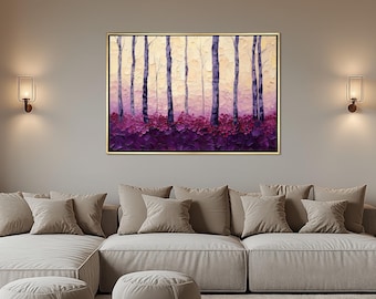 Purple forest landscape wall art, textured oil painting print in soft pastel shades, thick brush abstract trees canvas for home decor, frame