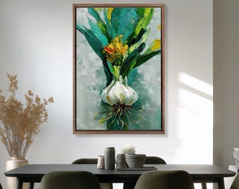 garlic wall art kitchen decor vegetable painting botanical food art rustic kitchen wall decor textured oil painting farm fresh art