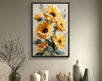 Sunflower Wall Art – Bright Yellow Impasto Oil Painting, Cheerful Floral Textured Canvas Print, (Digital Download)