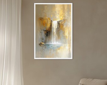 Golden Waterfall Canvas Print, Framed Wall Art, AI Painting, Abstract Nature Scene, Serene Cliff Cascade, Modern Landscape, art environment