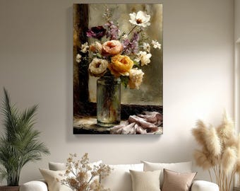 Vintage floral still life oil painting print, romantic bouquet in glass vase, classical art for cozy interiors  (Digital Download)