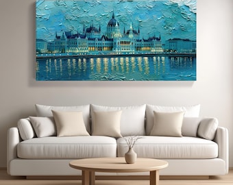 Budapest Parliament Painting – Hungarian Cityscape Impasto Canvas Print (Digital Download)