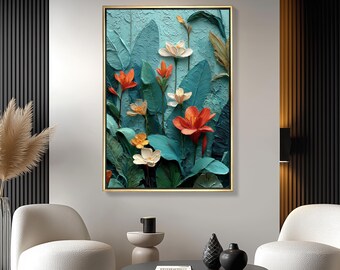 Tropical Flower Wall Art – Colorful Impasto Botanical Painting, Textured Jungle Garden Decor, (Digital Download)
