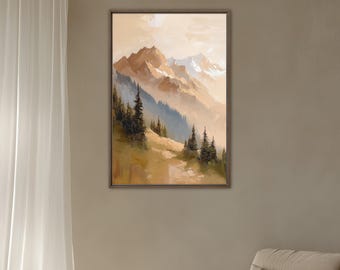 Vast Mountain Landscape Canvas Print, Framed Canvas, Abstract Alpine Wall Art, AI Painting, Serene Nature Scene, Moody Wilderness Artwork