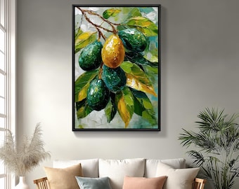 avocado wall art botanical avocado painting kitchen decor green fruit artwork textured oil painting nature wall decor modern food art