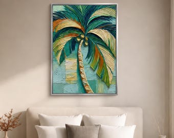 Coconut Palm Tree Wall Art, Tropical Botanical Print, Textured Coastal Painting, (Digital Download)