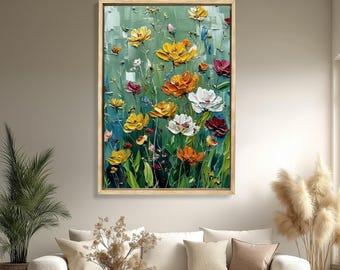 wildflower wall art meadow flower painting botanical decor colorful floral artwork textured oil painting nature wall decor garden art