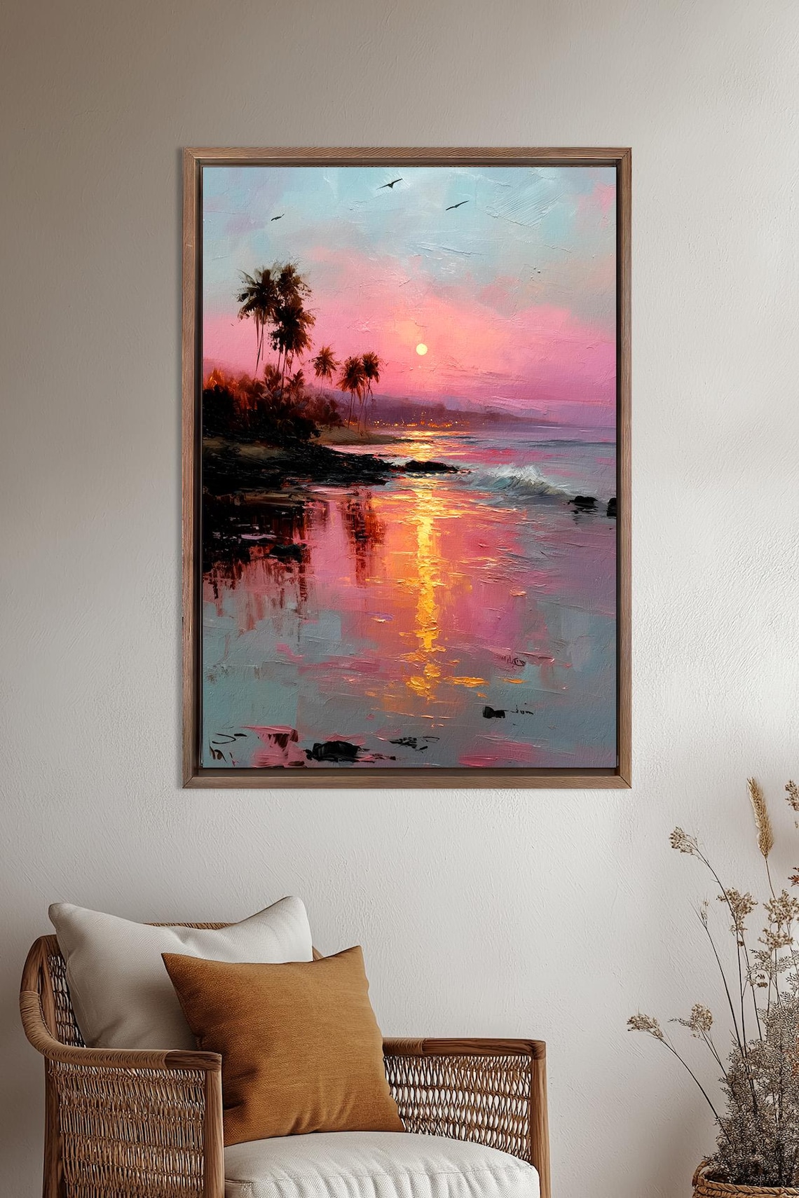 Tropical Beach Sunset Oil Painting With Palm Trees and Ocean Reflection ...