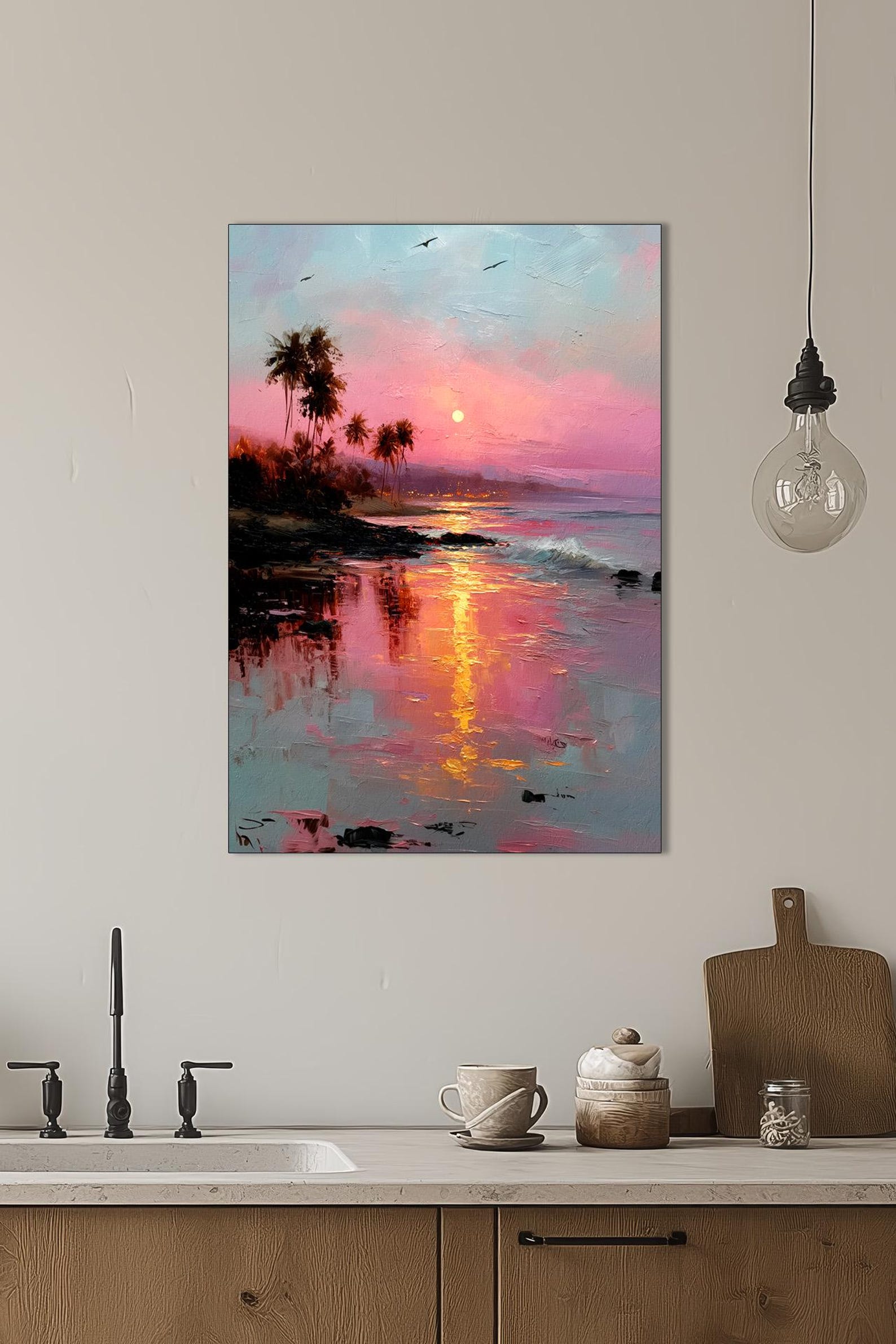 Tropical Beach Sunset Oil Painting With Palm Trees and Ocean Reflection ...