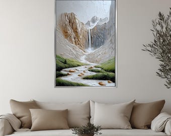 Impasto oil painting of waterfall mountain view, textured modern wall art print with flowing river, cliff landscape for home decor