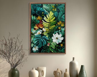 Tropical Garden Wall Art, Botanical Leaf Canvas, Green Jungle Plant Print