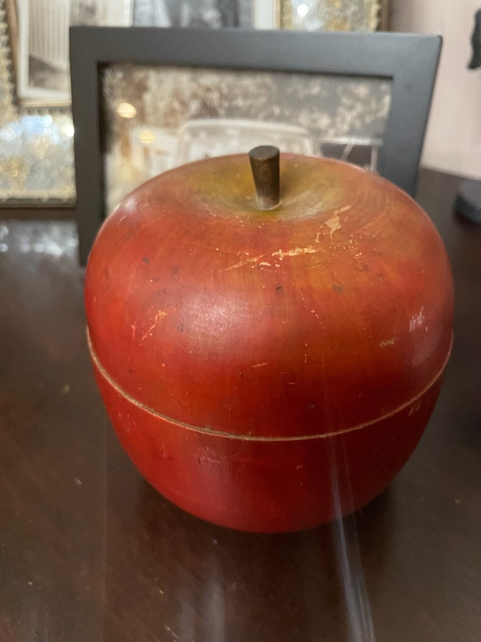 Antique handmade folk early 20th century carved wood apple box game