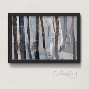 May include: Abstract art print in a black frame. The artwork features vertical brushstrokes in shades of brown, blue, gray, and white. The painting has a textured appearance, with visible brush marks. The artist's signature and the text "OnRedArt" are visible in the lower right corner.