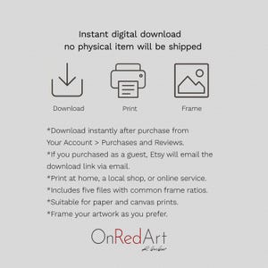 Pode incluir: Imagem com o texto "Download digital instant&acirc;neo, nenhum item f&iacute;sico ser&aacute; enviado". Inclui &iacute;cones para download, impress&atilde;o e moldura. Texto adicional explica o processo de download, op&ccedil;&otilde;es de impress&atilde;o e detalhes do arquivo. O logotipo OnRedArt est&aacute; na parte inferior.