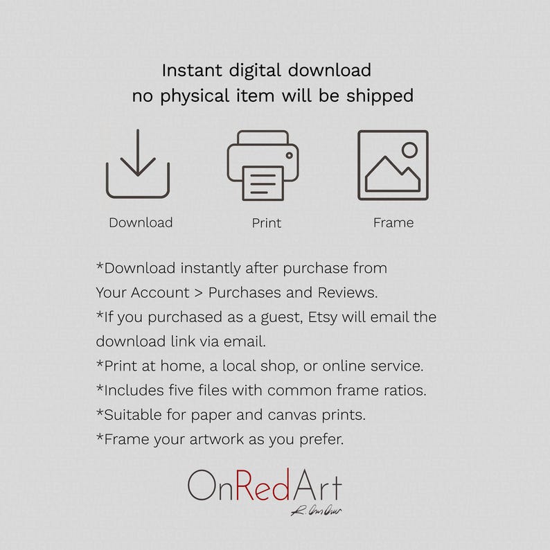 Pode incluir: Imagem com o texto "Download digital instant&acirc;neo, nenhum item f&iacute;sico ser&aacute; enviado". Inclui &iacute;cones para download, impress&atilde;o e moldura. Texto adicional explica o processo de download, op&ccedil;&otilde;es de impress&atilde;o e detalhes do arquivo. O logotipo OnRedArt est&aacute; na parte inferior.