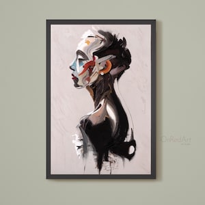 May include: Abstract portrait art print in a black frame. The artwork features a profile of a person with a mix of colors, including white, black, red, and blue. The art style is reminiscent of an oil painting.