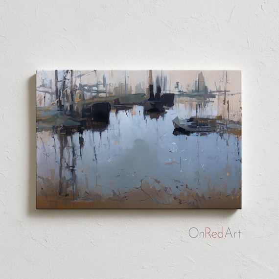 Misty Landscape Art Print: Abstract Waterfront Painting (Digital Download)