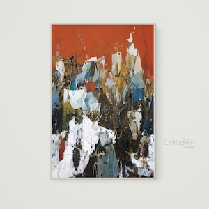 Puede incluir: Impresión artística abstracta con una paleta de colores vibrantes. La obra presenta una composición texturizada y en capas con tonos de naranja, blanco, azul y marrón. La pintura está enmarcada y firmada "OnRedArt" en la esquina inferior derecha.