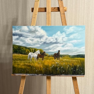 Olieverfschilderij, landschap met paarden, origineel landschapsschilderij, landschapskunst, originele kunst met paarden, paarden in de wei schilderen, kunst