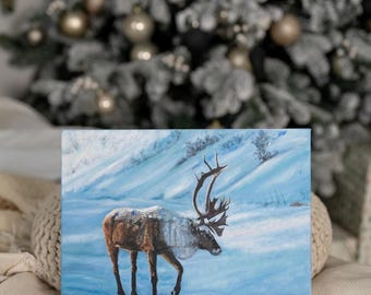 白い鹿の油絵、鹿の家の装飾、白い鹿のアートワーク、鹿のペア、冬の