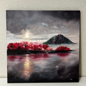 Fantasy Mountain Landscape Painting: Original Oil Canvas Art (23.6x23.6 in)
