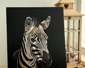 シマウマの絵画。オリジナルアクリル画。ArtSeaGlassEcoShop。植物の
