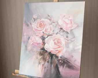 Pintura al óleo de rosas de té: Bodegón floral (23,6 x 19,6 pulgadas)