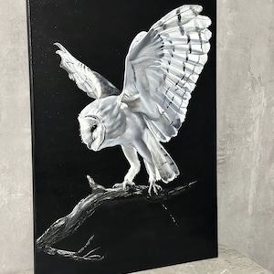 Painting with “Owl”, barn owl art, white owl art, black and white painting, oil art owl, original art with owl, original oil painting owl