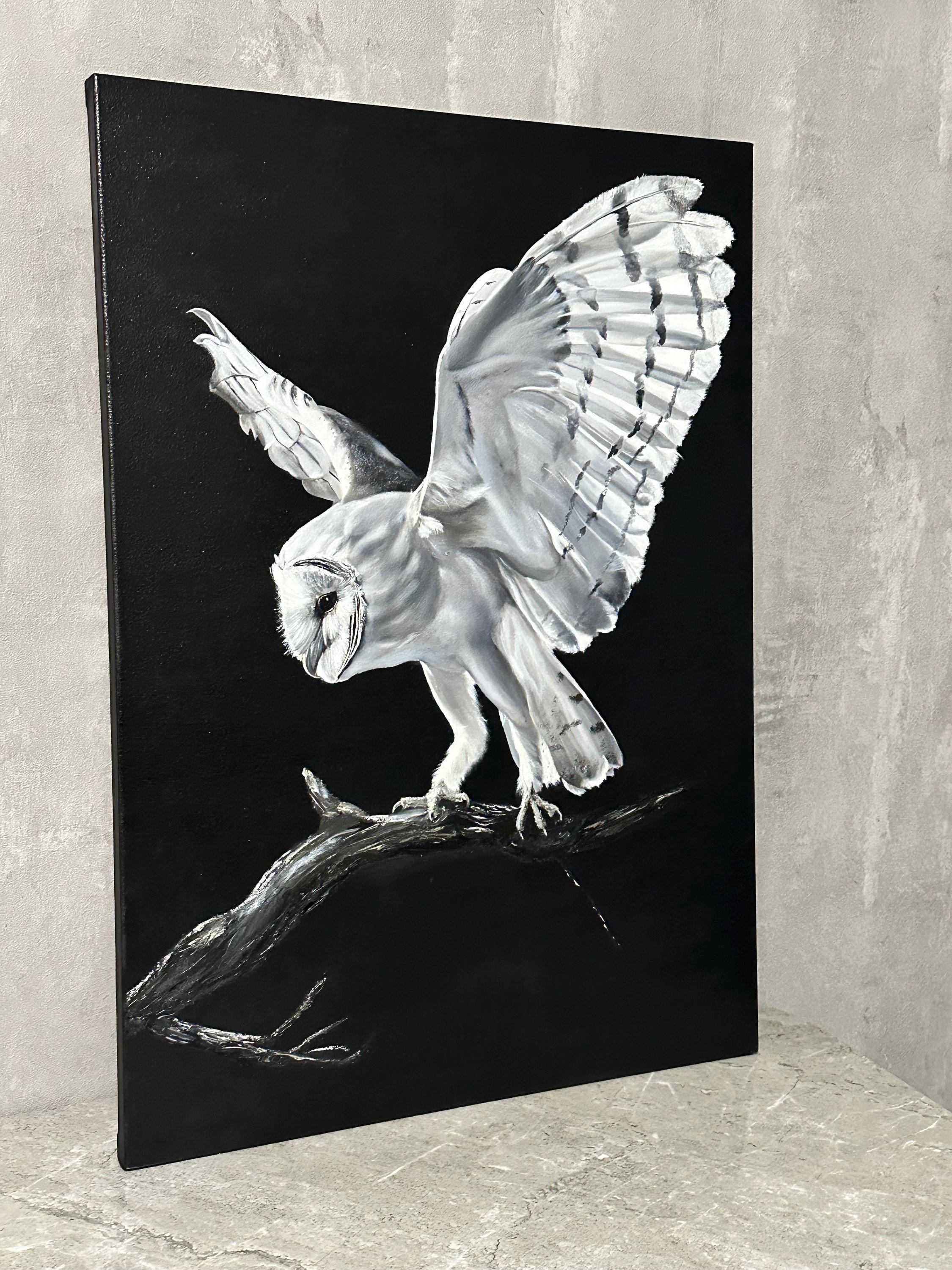 Barn Owl Oil Painting: Original Black and White Owl Art (27.5x19.6)