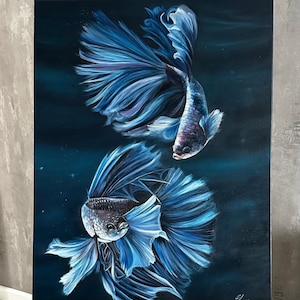Original Blue Fish Oil Painting: Marine Wall Art (31.5x23.6 in)