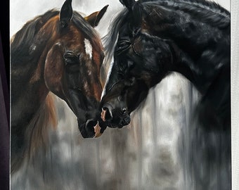 Original Oil Painting: Two Horses Portrait, Animal Art Decor