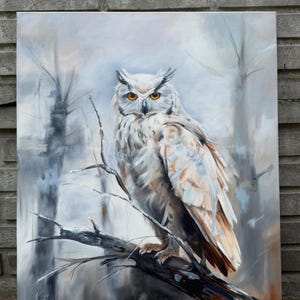 Oil painting with owl , white owl, oil painting with owl, owl artwork, original art with owl, wall decor with owl, animal art, original art