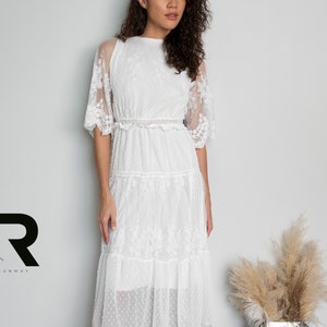 White Lace Dress for Women, Summer Midi Dress with Elegant Design, Short Sleeved Dress, White Maxi Dress With Net Sleeves, Gift for Her image 3