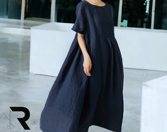 Robe d'été bleue pour femme, Robe décontractée ample, Robe élégante à manches courtes, Robe longue d'été, Cadeau d'été pour elle