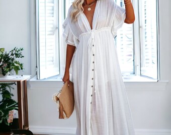 Long Flowy Dress For Women, Boho Style Maxi Dress With Flare Sleeves, White Cottagecore Dress, Vacation Dress, Gift For Her