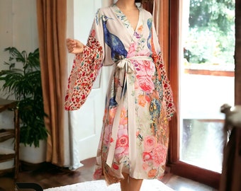 Abito kimono pavone per donna, camicia da notte con stampa floreale, abito da notte floreale, copricostume da spiaggia, vestaglia di seta, regalo per indumenti da notte per lei