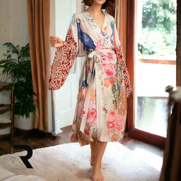 Pfauen-Kimono-Robe für Frauen, Nachthemd mit Blumendruck, florales Nachthemd, Strandhülle, Seiden-Morgenkleid, Schlafanzug-Geschenk für Sie