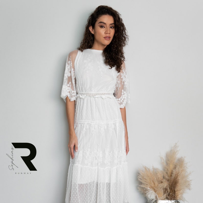 White Lace Dress for Women, Summer Midi Dress with Elegant Design, Short Sleeved Dress, White Maxi Dress With Net Sleeves, Gift for Her image 3