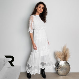 White Lace Dress for Women, Summer Midi Dress with Elegant Design, Short Sleeved Dress, White Maxi Dress With Net Sleeves, Gift for Her image 4