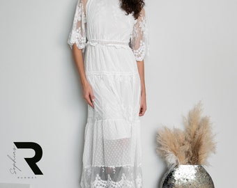 Robe en dentelle blanche pour femme, Robe midi d'été avec un design élégant, Robe à manches courtes, Robe longue blanche avec manches en filet, Cadeau pour elle