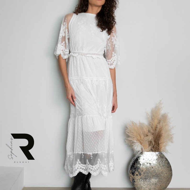 White Lace Dress for Women, Summer Midi Dress with Elegant Design, Short Sleeved Dress, White Maxi Dress With Net Sleeves, Gift for Her image 1