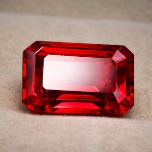 May include: A vivid red, rectangular-cut gemstone. The polished surface of the gem reflects light, highlighting its internal structure. The emerald cut shape features multiple facets, creating a sparkling effect. The gem is a rich, deep red colour.