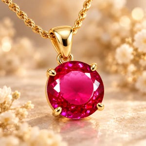 Puede incluir: Un collar con colgante de oro que presenta una piedra preciosa redonda, facetada y de color rosa vibrante, sujeta por cuatro garras. El colgante cuelga de una cadena de oro tipo cuerda, con un acabado de metal pulido y un corte brillante.