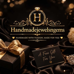 May include: Elegant image featuring a black gift box with a gold ribbon, a diamond ring, and a card that reads "A Free Gift For You." The logo "Handmadejewelsngems" is displayed in gold, with a diamond accent. The background is a dark, luxurious fabric.