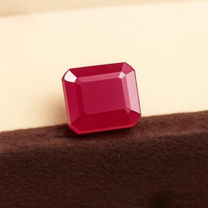 May include: A faceted, rectangular ruby gemstone with a deep red hue. The gem is set against a brown and beige background, showcasing its polished surfaces and sharp edges. The gemstone is a focal point, highlighting its color and cut.