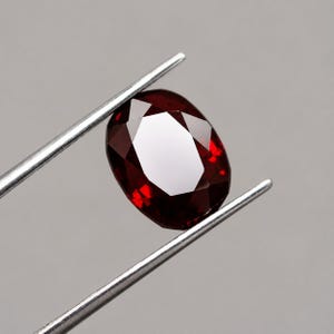 Könnte beinhalten: Ein tiefroter, oval geschliffener Edelstein, der von einer silberfarbenen Metallpinzette gehalten wird. Der Stein hat eine facettierte Oberfläche, die das Licht reflektiert und helle weiße Glanzlichter auf dem dunklen Karmesinrot des polierten Minerals erzeugt.