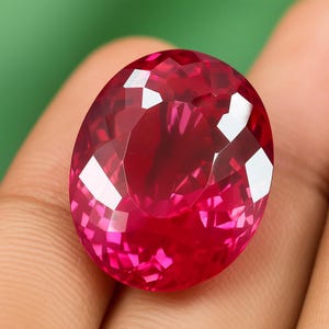 Può includere: Una gemma sfaccettata, di forma ovale, rosso rubino. La gemma è tenuta in una mano e le sfaccettature riflettono la luce, creando riflessi brillanti. Il colore della pietra varia dal rosso intenso a una tonalità rosata più chiara.