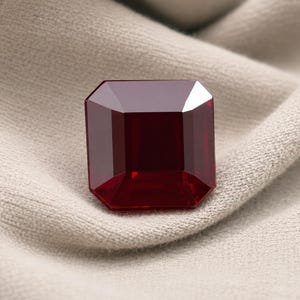 Puede incluir: Una piedra preciosa de color rojo intenso con corte cuadrado y superficie facetada que refleja la luz. La piedra presenta bordes afilados y limpios con un acabado pulido, mostrando un tono carmesí rico y saturado en toda su estructura.