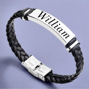 Personalized Braided Leather Bracelet: Engraved Stainless Steel Men&#39;s Wristband